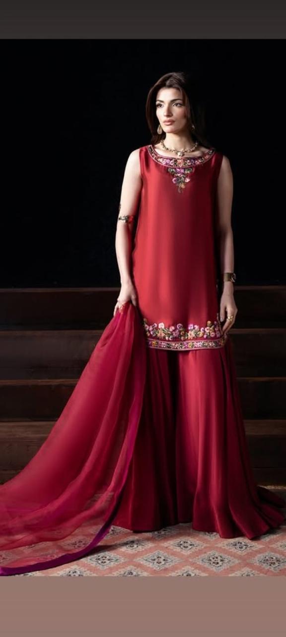 shisha silk short shirt suit with organza dupatta and reta work for women
