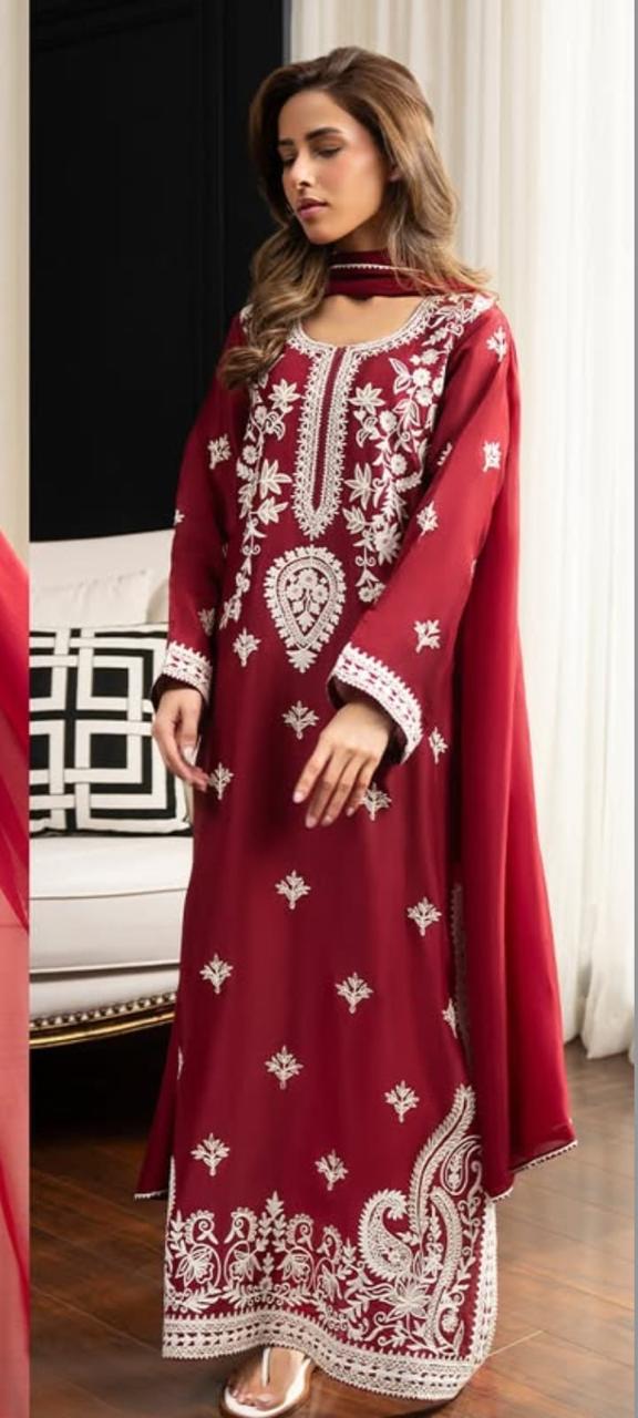 red korean raw silk frock with chiffon dupatta heavy embellished bridal dress
