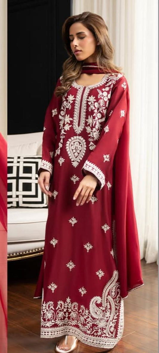 red korean raw silk frock with chiffon dupatta heavy embellished bridal dress
