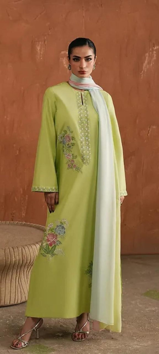 raw silk long shirt suit with chiffon hand painted dupatta dabka pearl stone work luxury wedding dress
