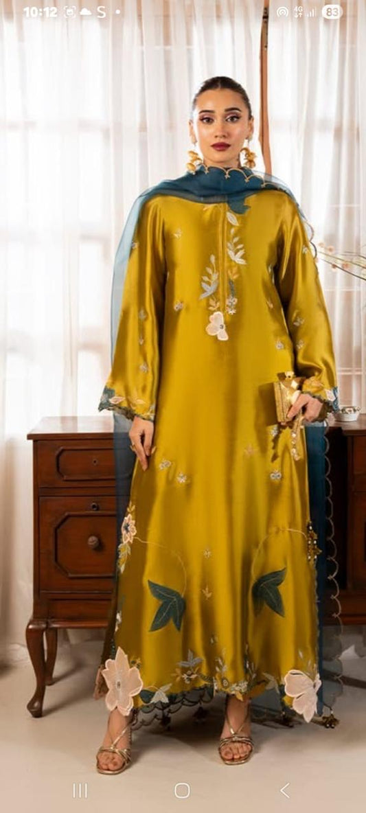 shisha silk 3 piece suit with organza dupatta reta and applique work festive wear dress
