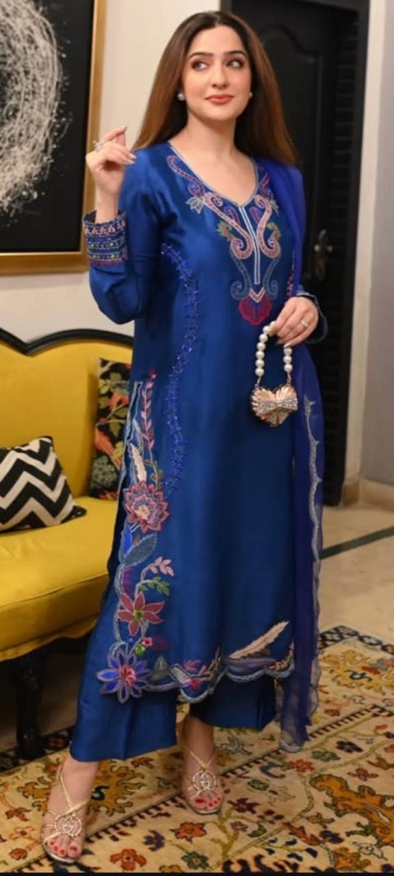 shisha silk 3 piece suit with silk dupatta simple reta work elegant women outfit
