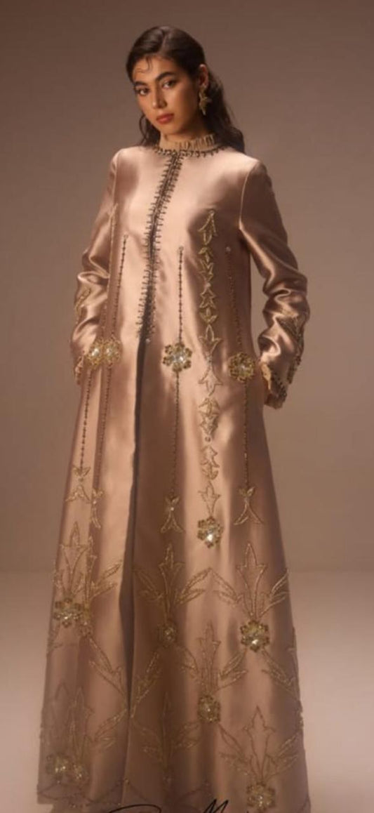 tea pink silk 3 piece gown suit with chiffon dupatta cutdana pearl stone work wedding dress