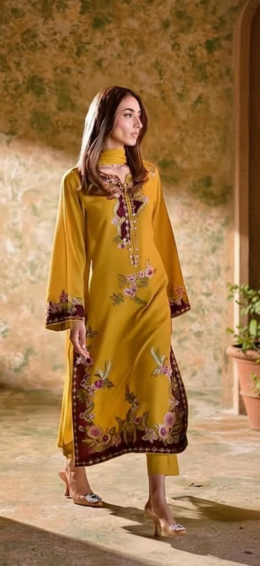 yellow raw silk party wear suit with dupatta reta applique mirror work dress