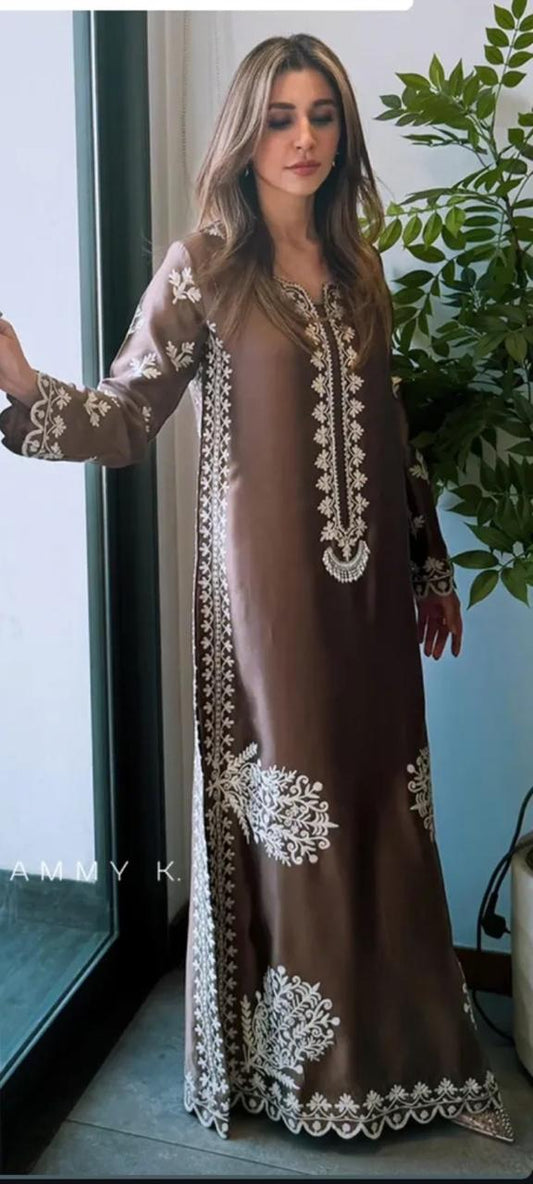 brown korean silk 3 piece suit with organza dupatta reta work party wear dress