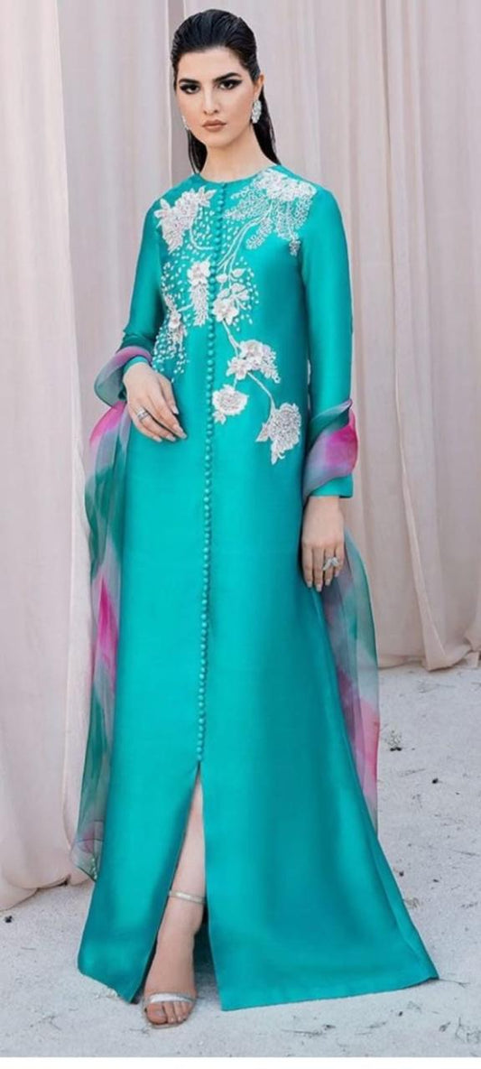 shisha silk 3 piece frock with organza dupatta resham sequins pearl cutdana work