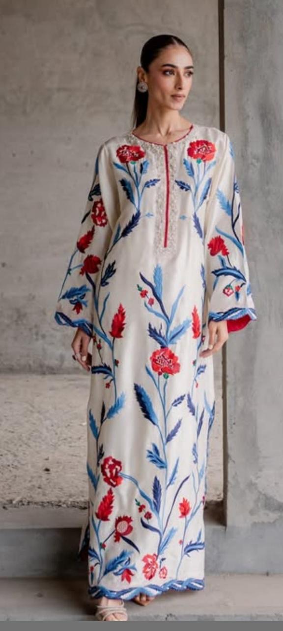 pure silk 2 piece kaftan with reta cutdana pearl dabka stone hand embellishment