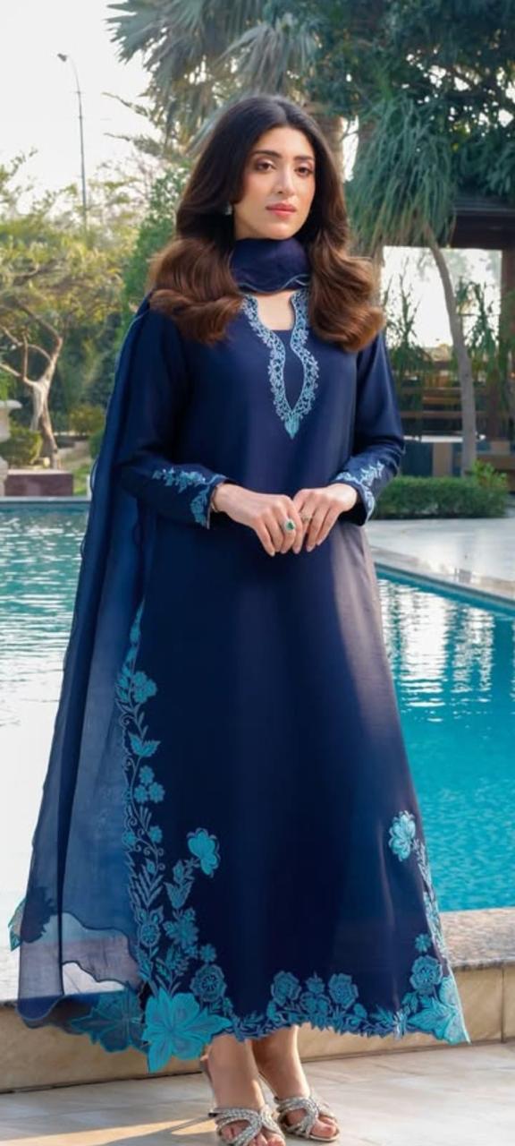 blue raw silk 3 piece suit with organza dupatta applique reta work festive dress
