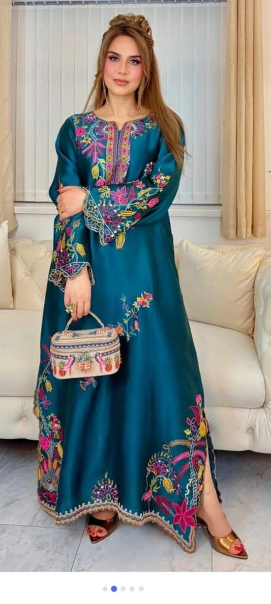 green 2 piece kaftan with reta applique and mirror work luxury party wear dress