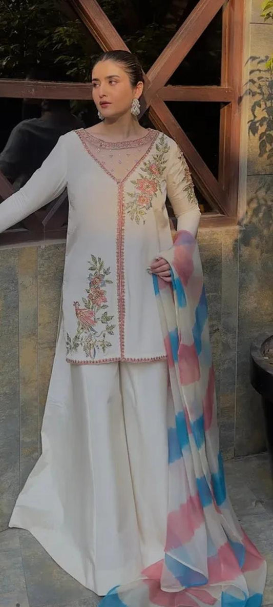 silk 3 piece suit with tri color chiffon dupatta reta stone sequins cutdana work