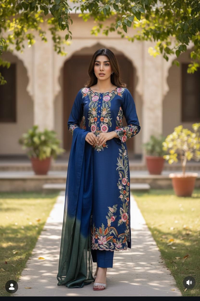 blue raw silk 3 piece party wear suit with dupatta all over reta work dress
