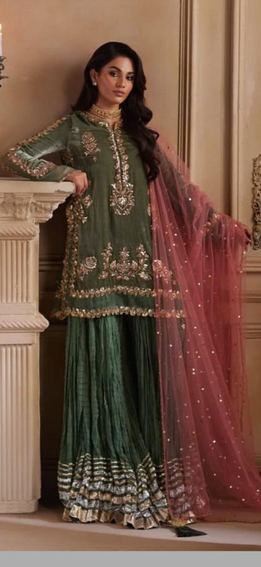 green velvet 3 piece wedding suit with sharara net dupatta dabka pearl cutdana work