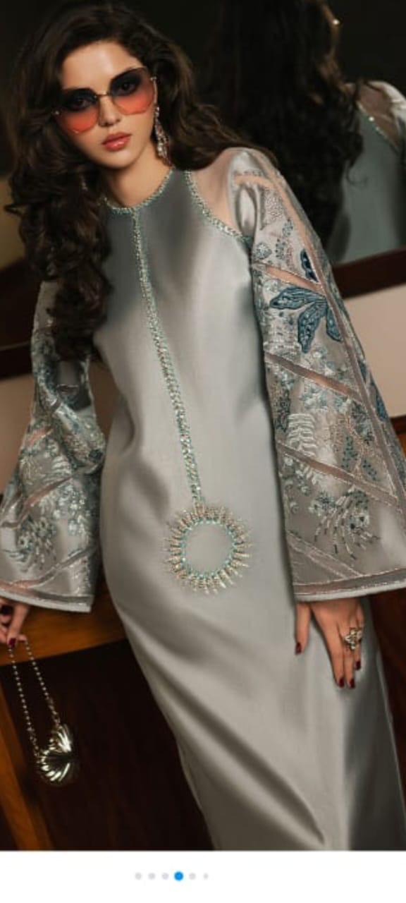 korean silk crepe 3 piece party wear suit with chiffon dupatta applique reta kardan stone work
