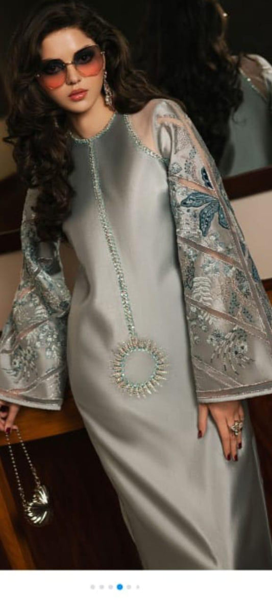 korean silk crepe 3 piece party wear suit with chiffon dupatta applique reta kardan stone work