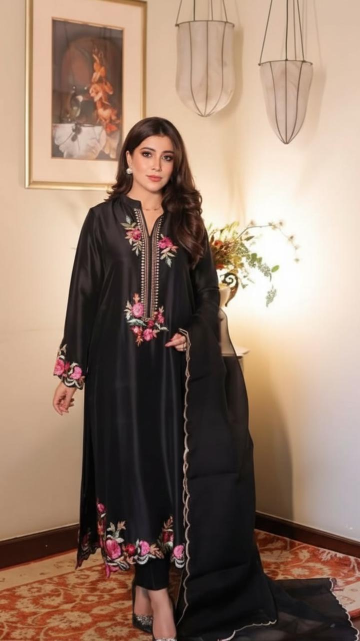 black premium silk 3 piece party wear suit with organza dupatta elegant festive dress