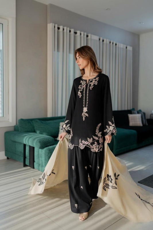 black marina suit with cream dupatta full dabka work elegant formal festive dress