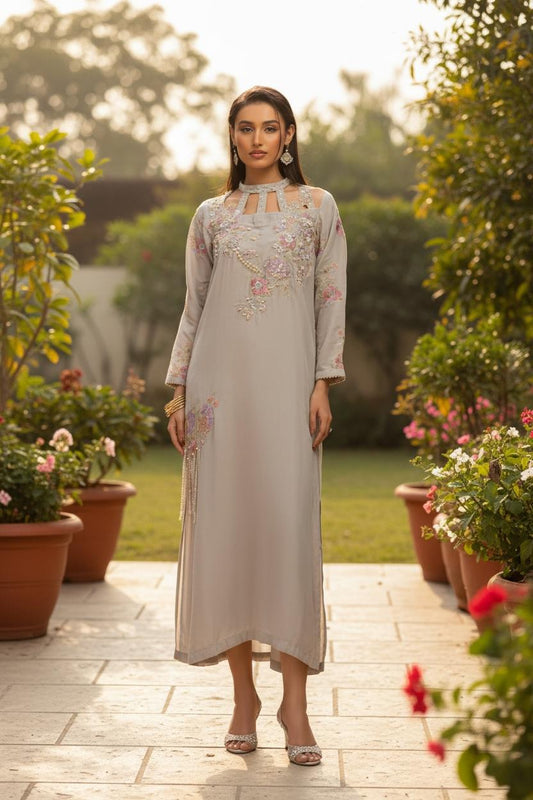 skin color 3 piece party wear suit with chiffon dupatta cutdana sequins pearl work